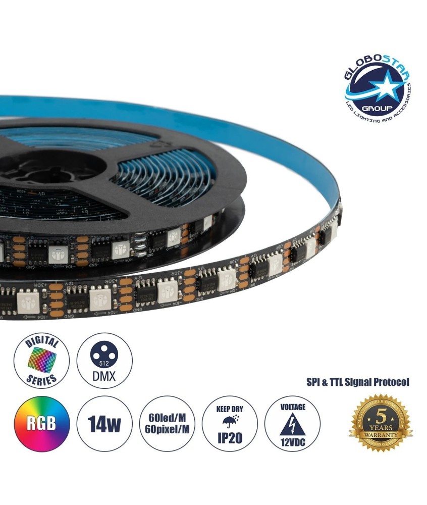 GLOBOSTAR® DIGIPRO 90604 Ψηφιακή Pixel Addressable Ταινία LED 14.4W-m 864lm-m 120° DC 12V IP20 60 x SMD5050 Chip-m 60 x Pixel-m Πολύχρωμο RGB Dimmable SPI-TTL Protocol IC TM1812 - Sanan SMD Chip - Μ500 x Π1 x Υ0.2cm - Ρολό 5 Μέτρων - 5 Χρόνια Εγγύηση